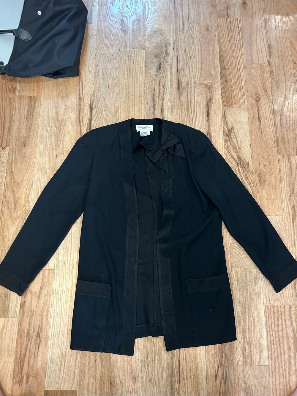 Vintage Dior Black Satin-Trim Blazer with Bow Accent